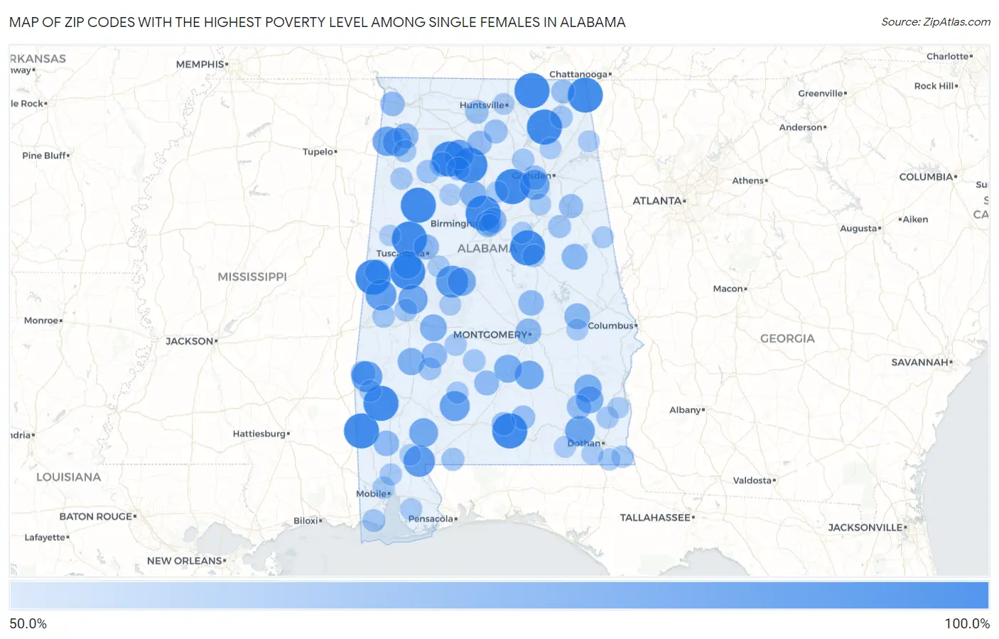 Zip Codes with the Highest Poverty Level Among Single Females in Alabama Map