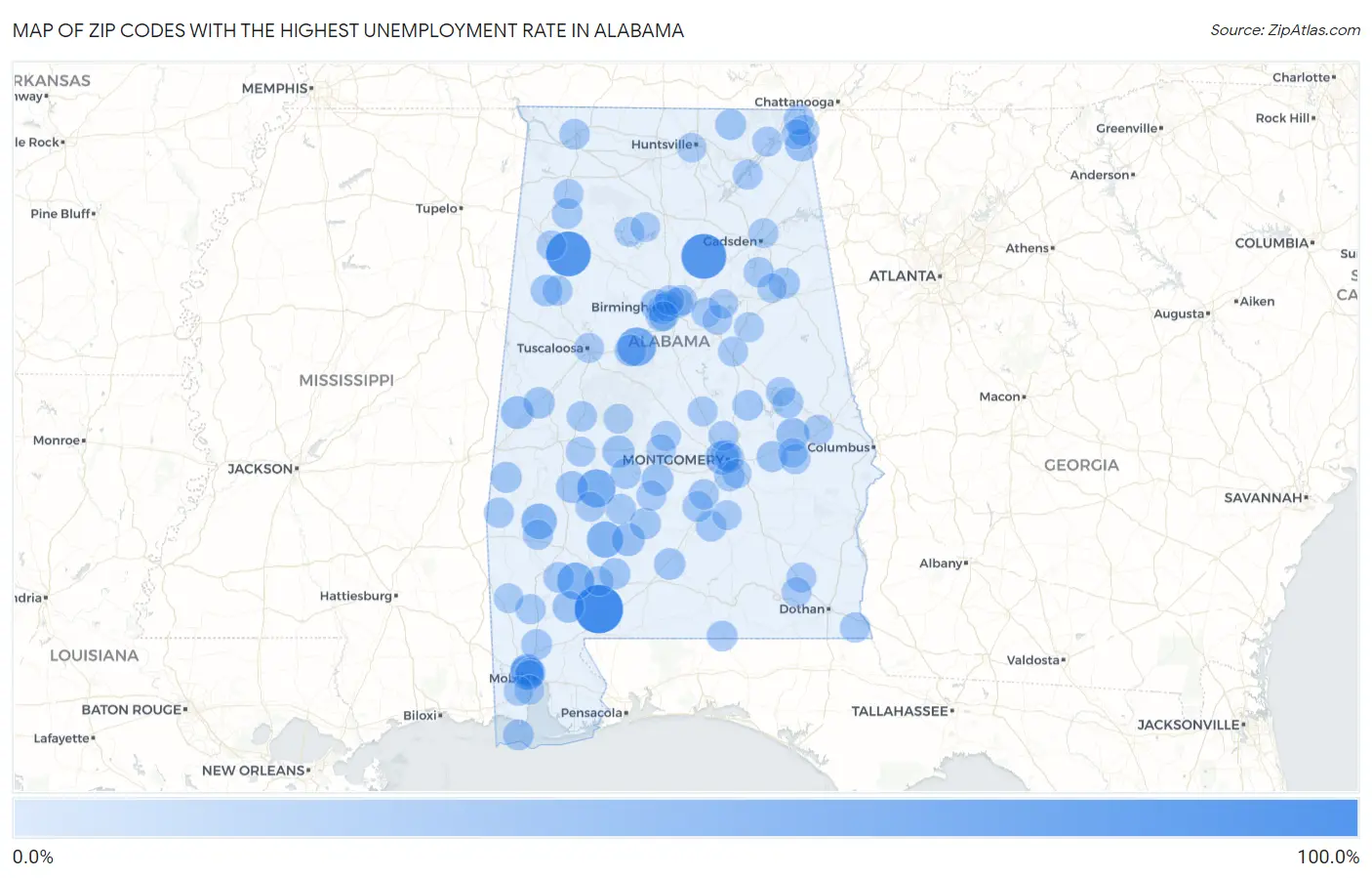 Zip Codes with the Highest Unemployment Rate in Alabama Map