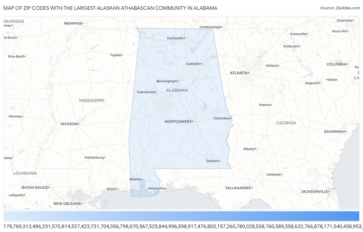 Zip Codes with the Largest Alaskan Athabascan Community in Alabama Map