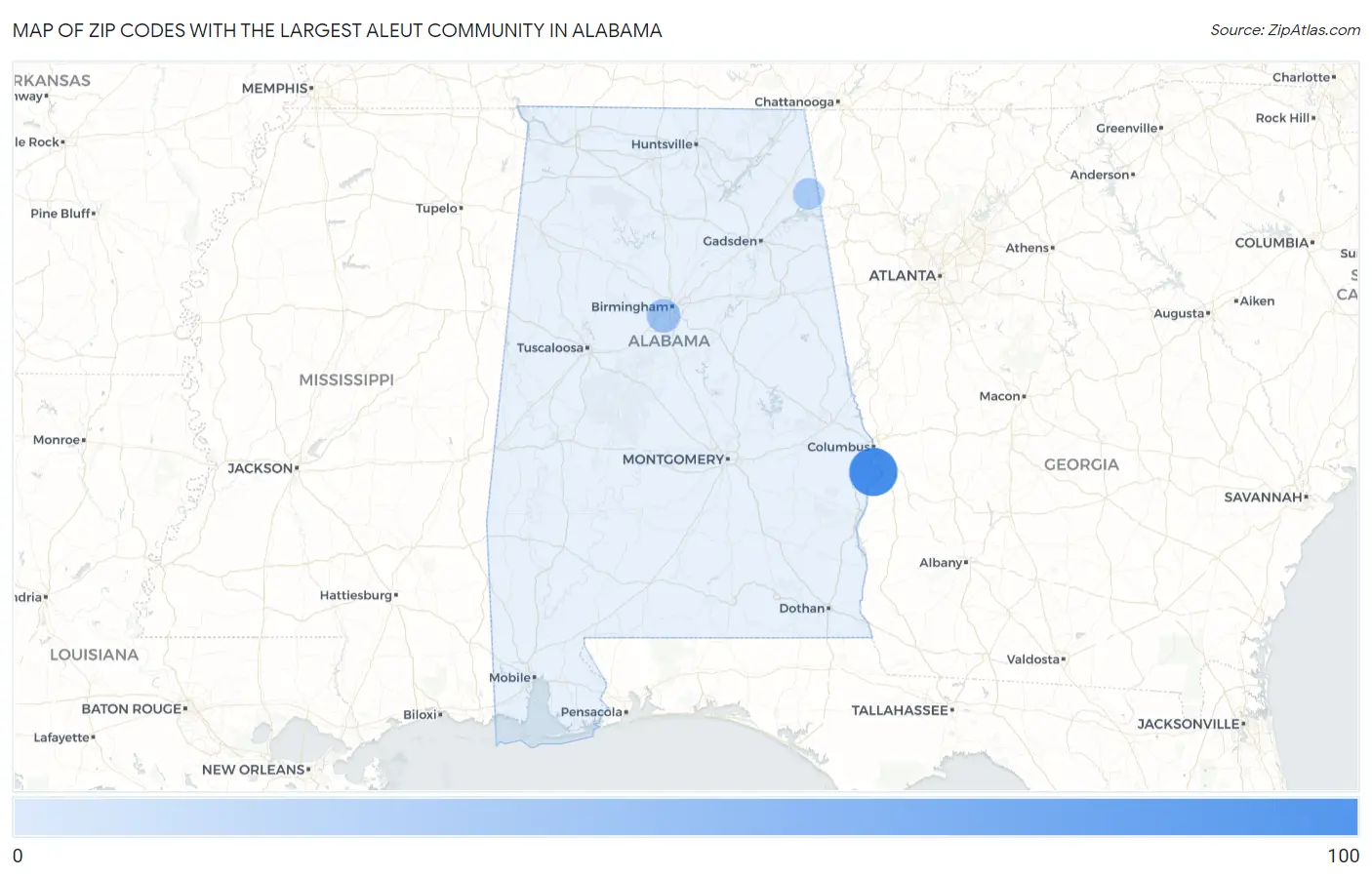 Zip Codes with the Largest Aleut Community in Alabama Map
