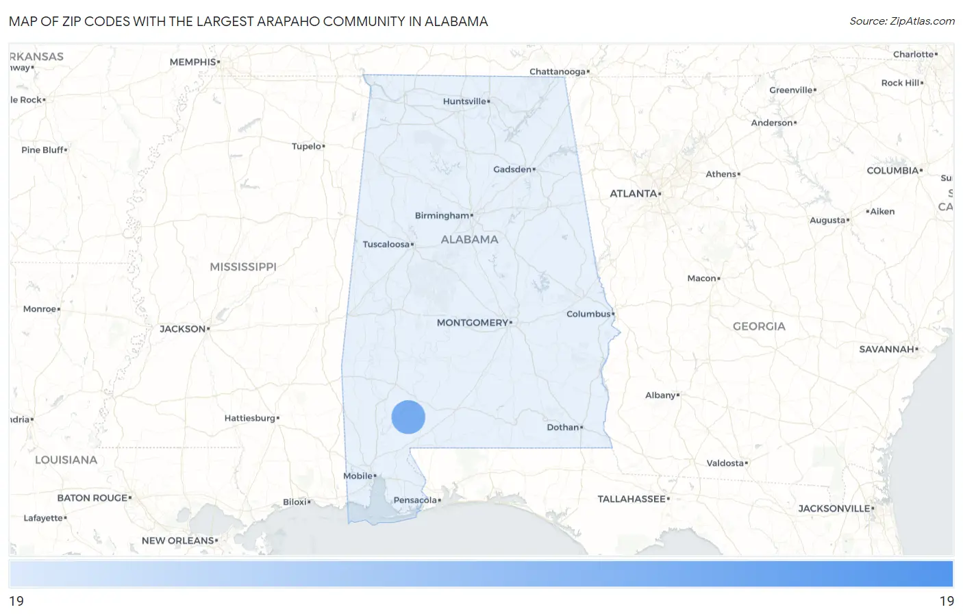 Zip Codes with the Largest Arapaho Community in Alabama Map