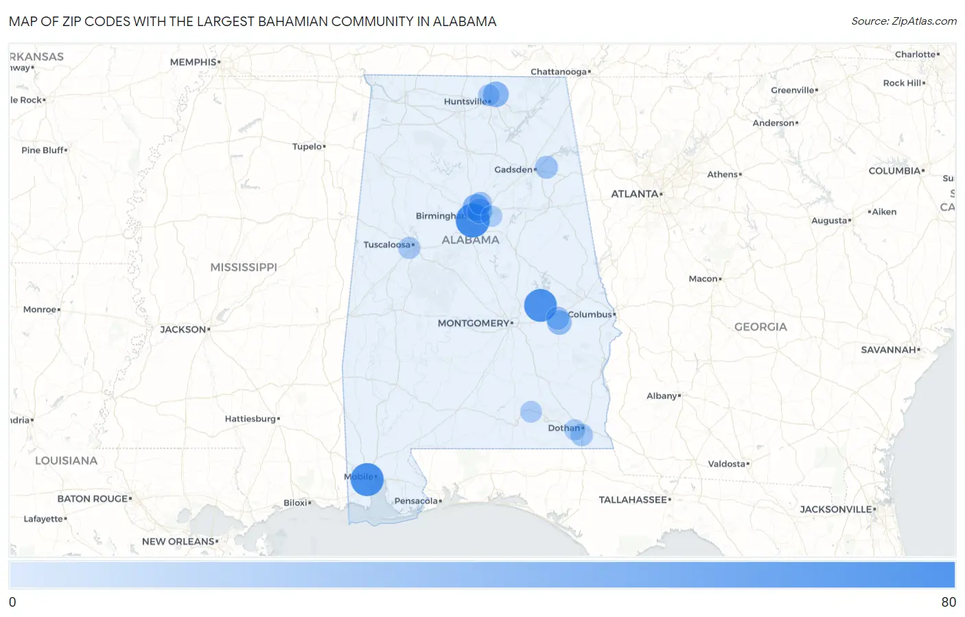 Zip Codes with the Largest Bahamian Community in Alabama Map