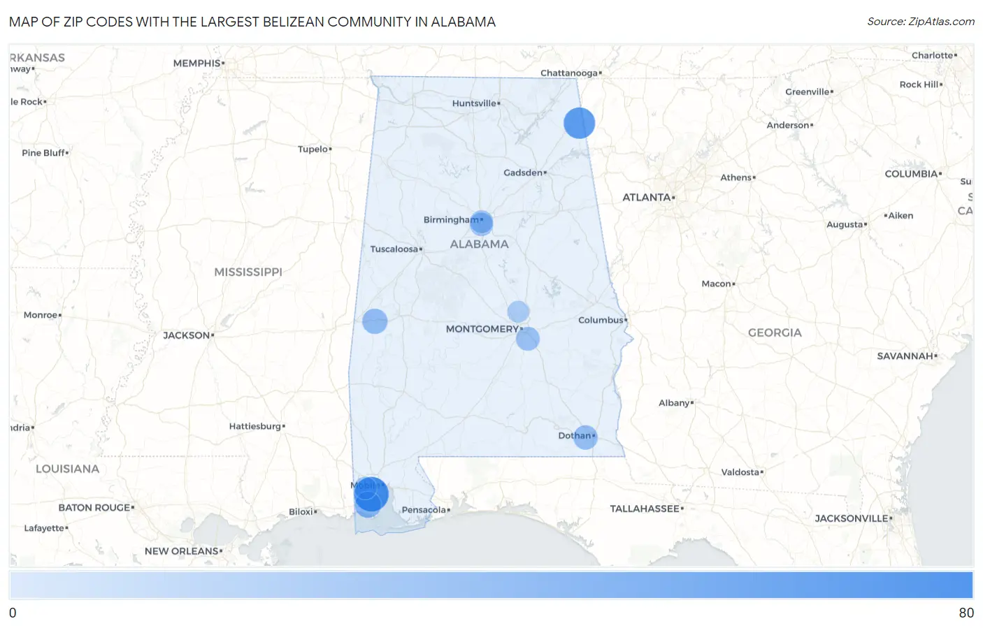 Zip Codes with the Largest Belizean Community in Alabama Map