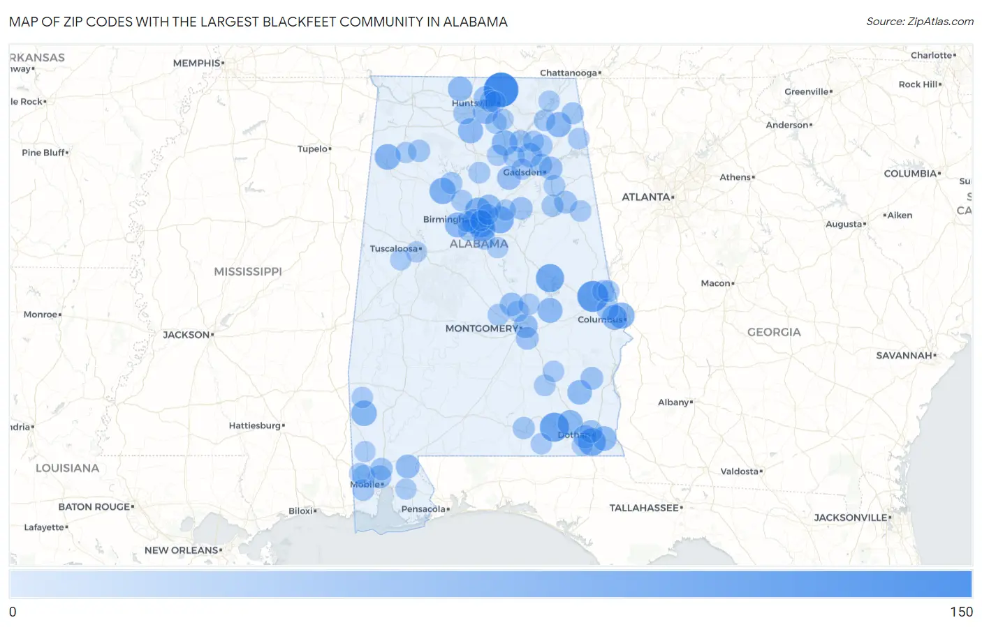 Zip Codes with the Largest Blackfeet Community in Alabama Map