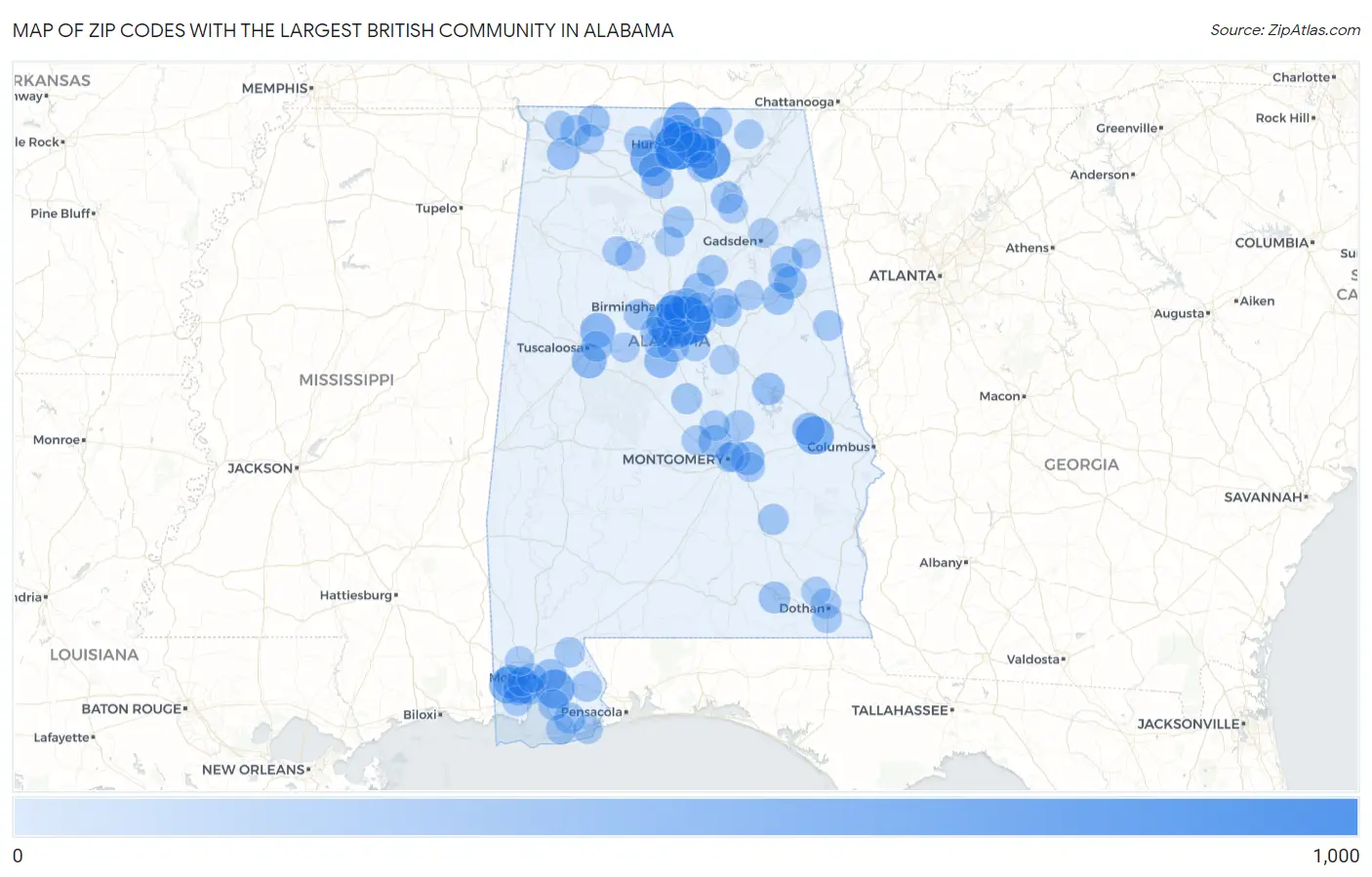 Zip Codes with the Largest British Community in Alabama Map