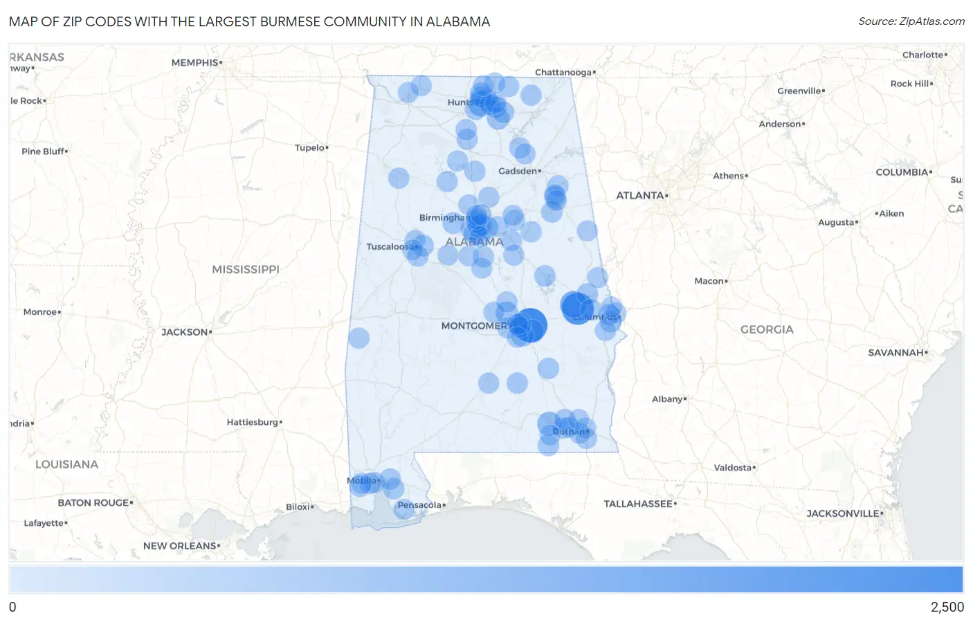 Zip Codes with the Largest Burmese Community in Alabama Map
