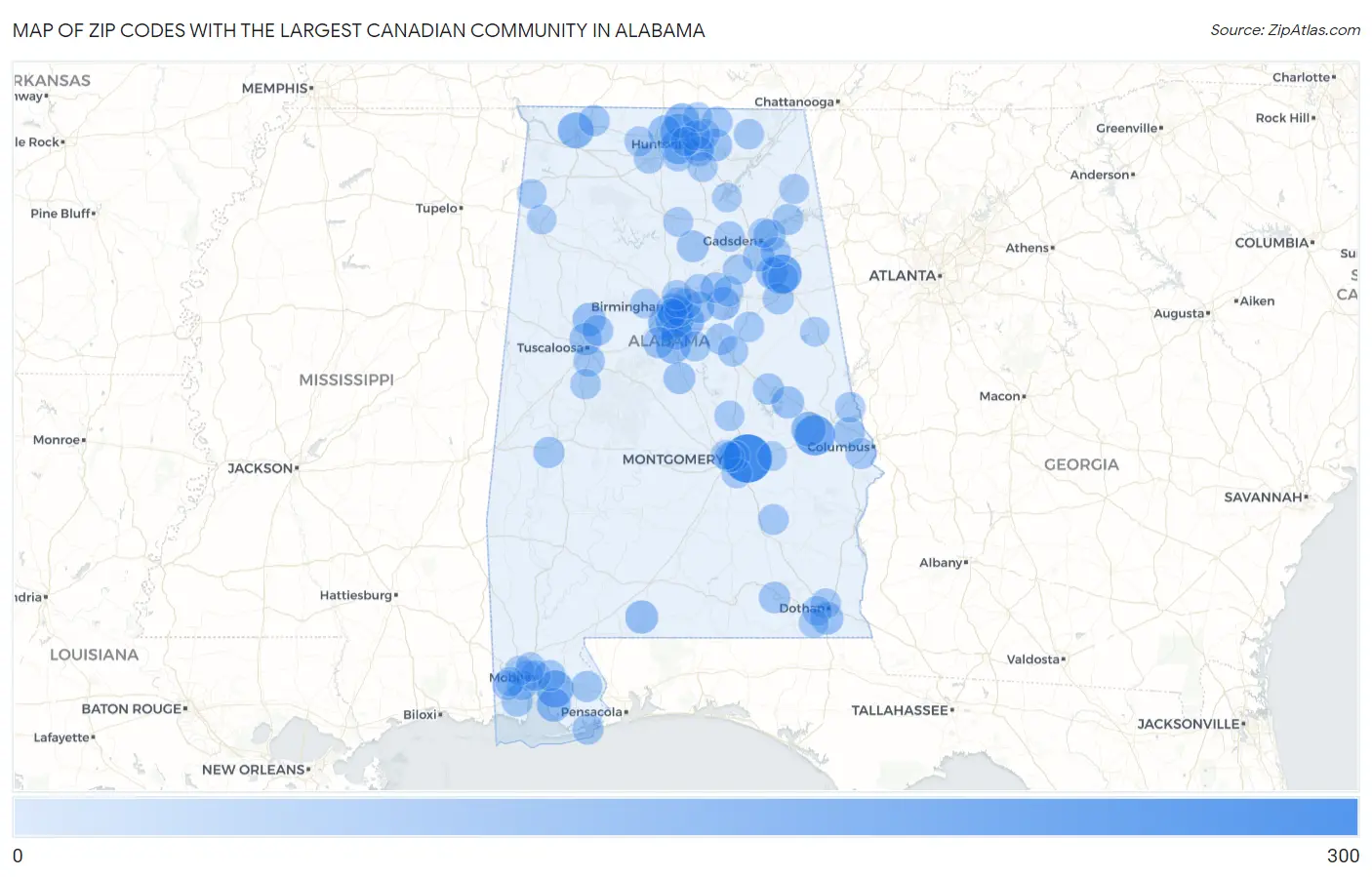 Zip Codes with the Largest Canadian Community in Alabama Map
