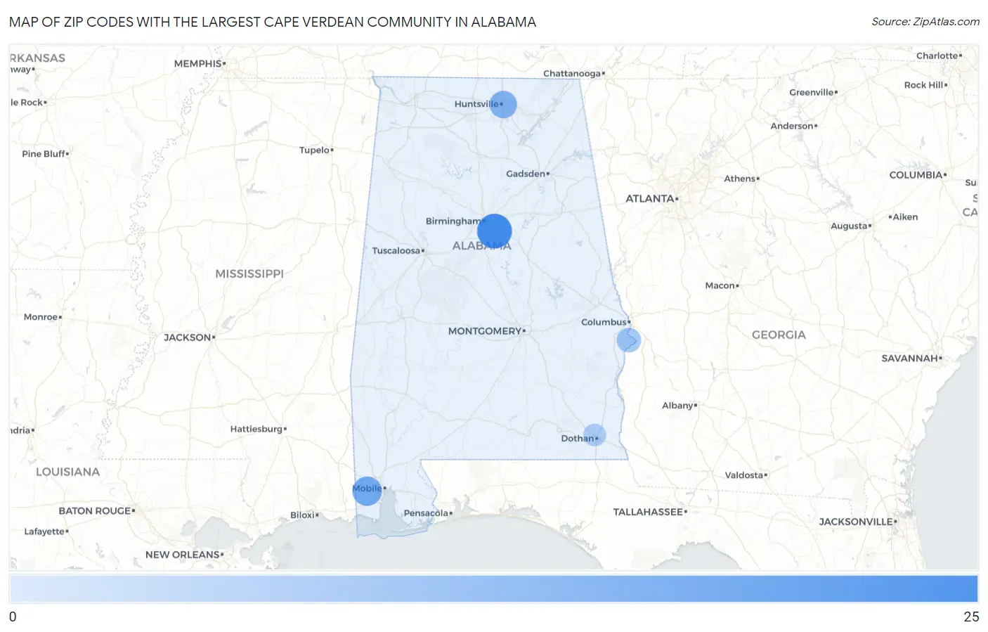 Zip Codes with the Largest Cape Verdean Community in Alabama Map