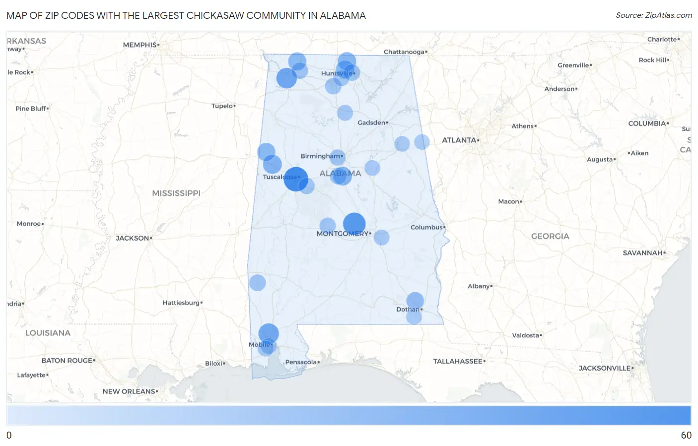 Zip Codes with the Largest Chickasaw Community in Alabama Map