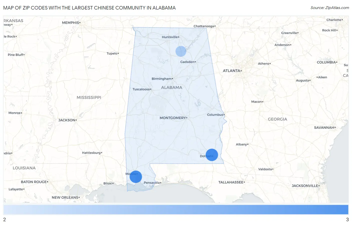 Zip Codes with the Largest Chinese Community in Alabama Map