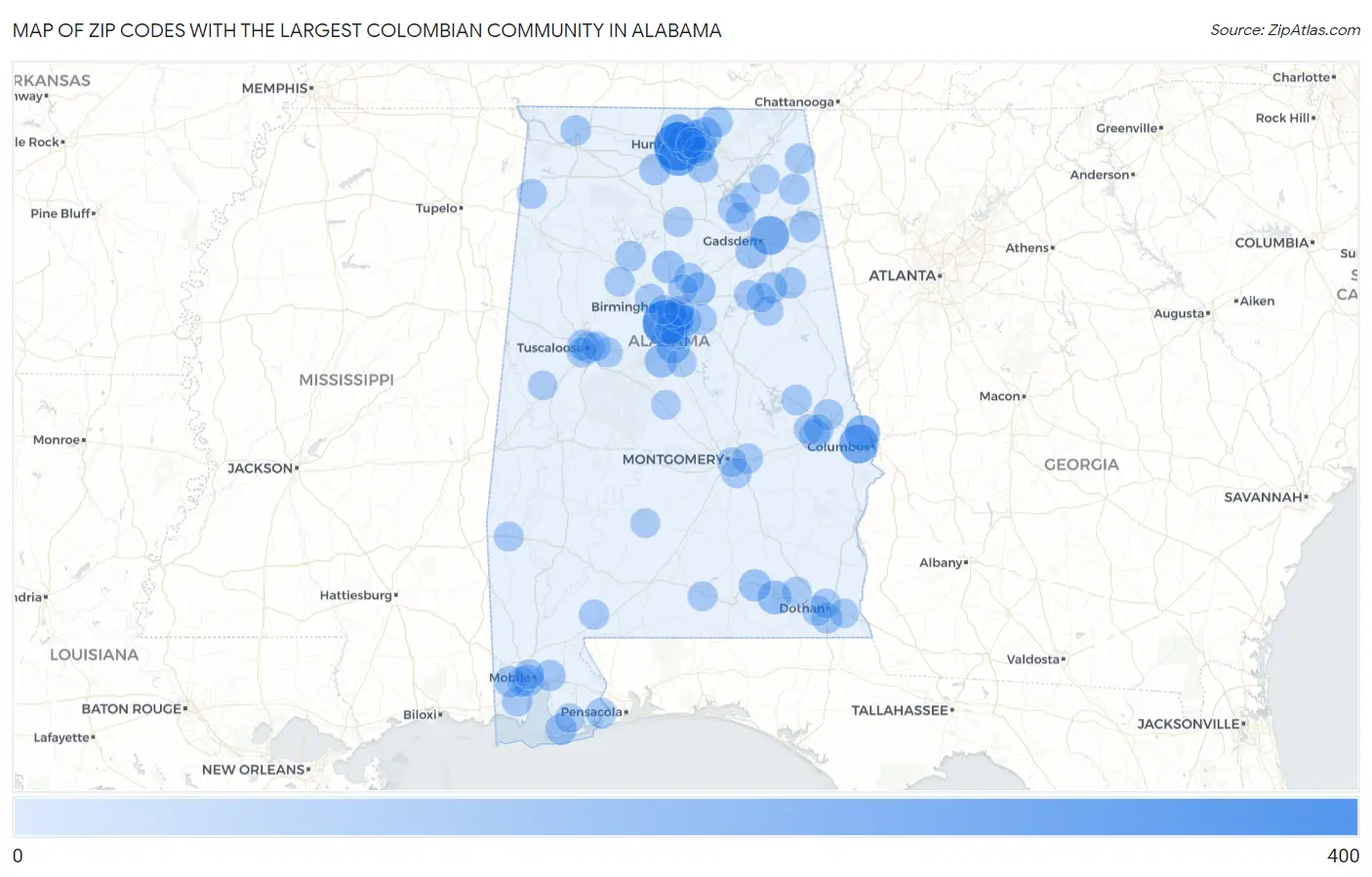 Zip Codes with the Largest Colombian Community in Alabama Map