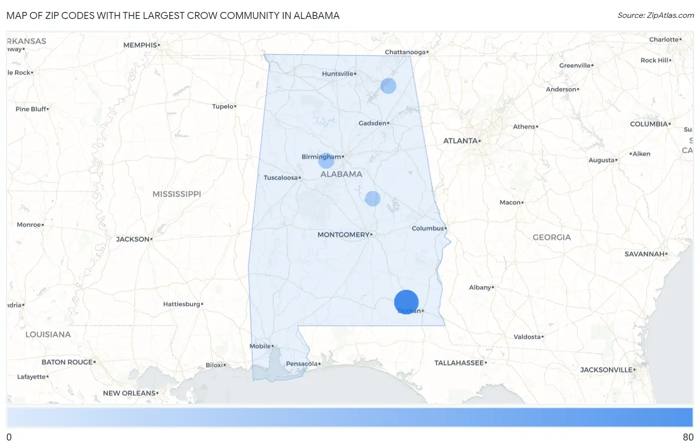 Zip Codes with the Largest Crow Community in Alabama Map