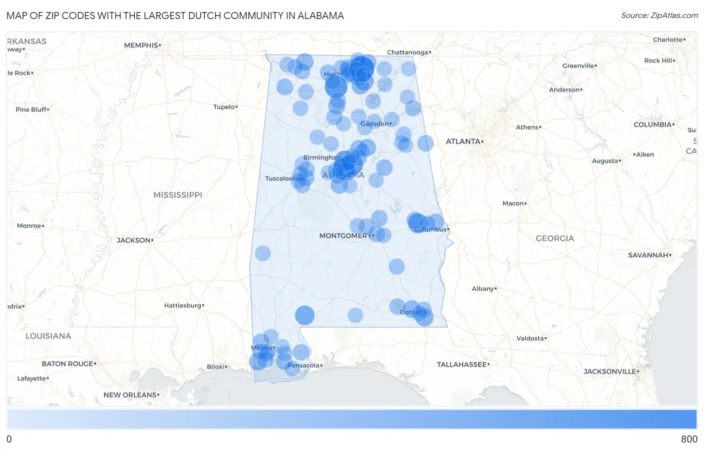 Zip Codes with the Largest Dutch Community in Alabama Map