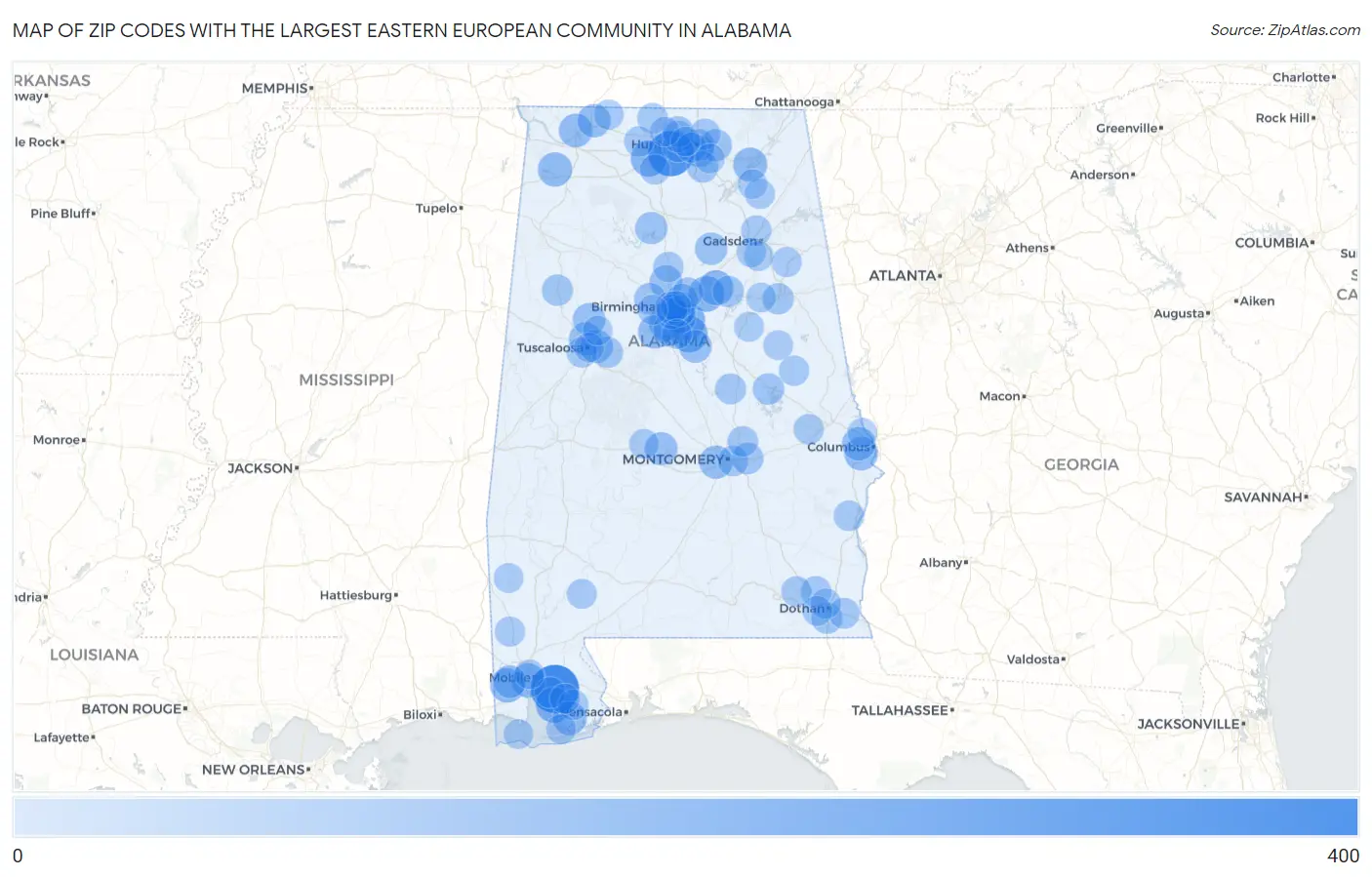 Zip Codes with the Largest Eastern European Community in Alabama Map