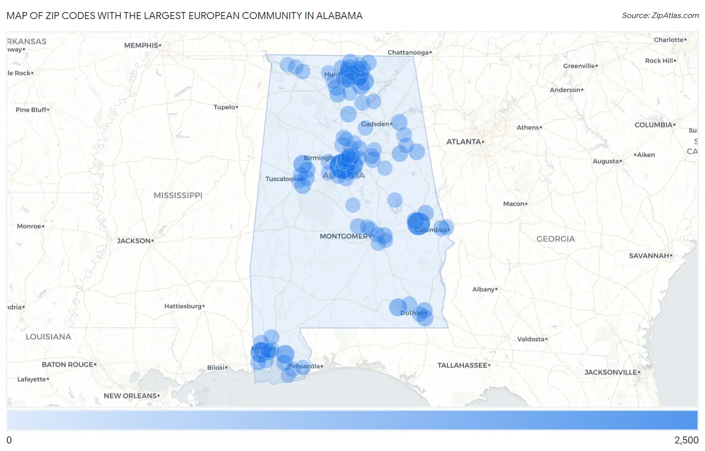 Zip Codes with the Largest European Community in Alabama Map