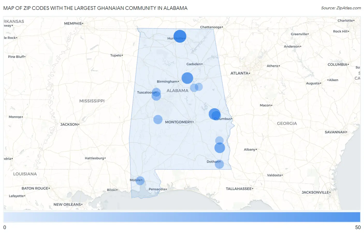 Zip Codes with the Largest Ghanaian Community in Alabama Map