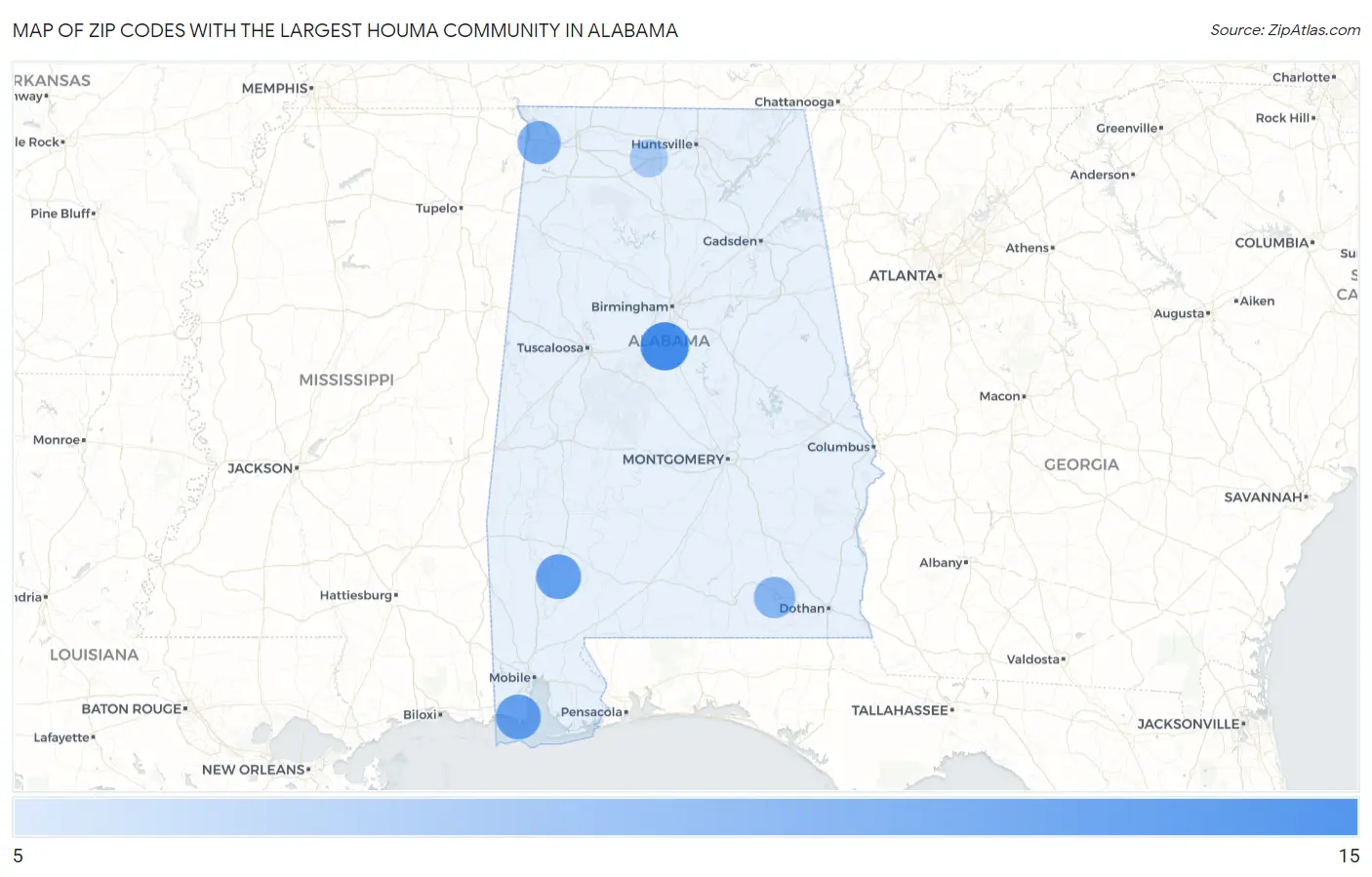 Zip Codes with the Largest Houma Community in Alabama Map