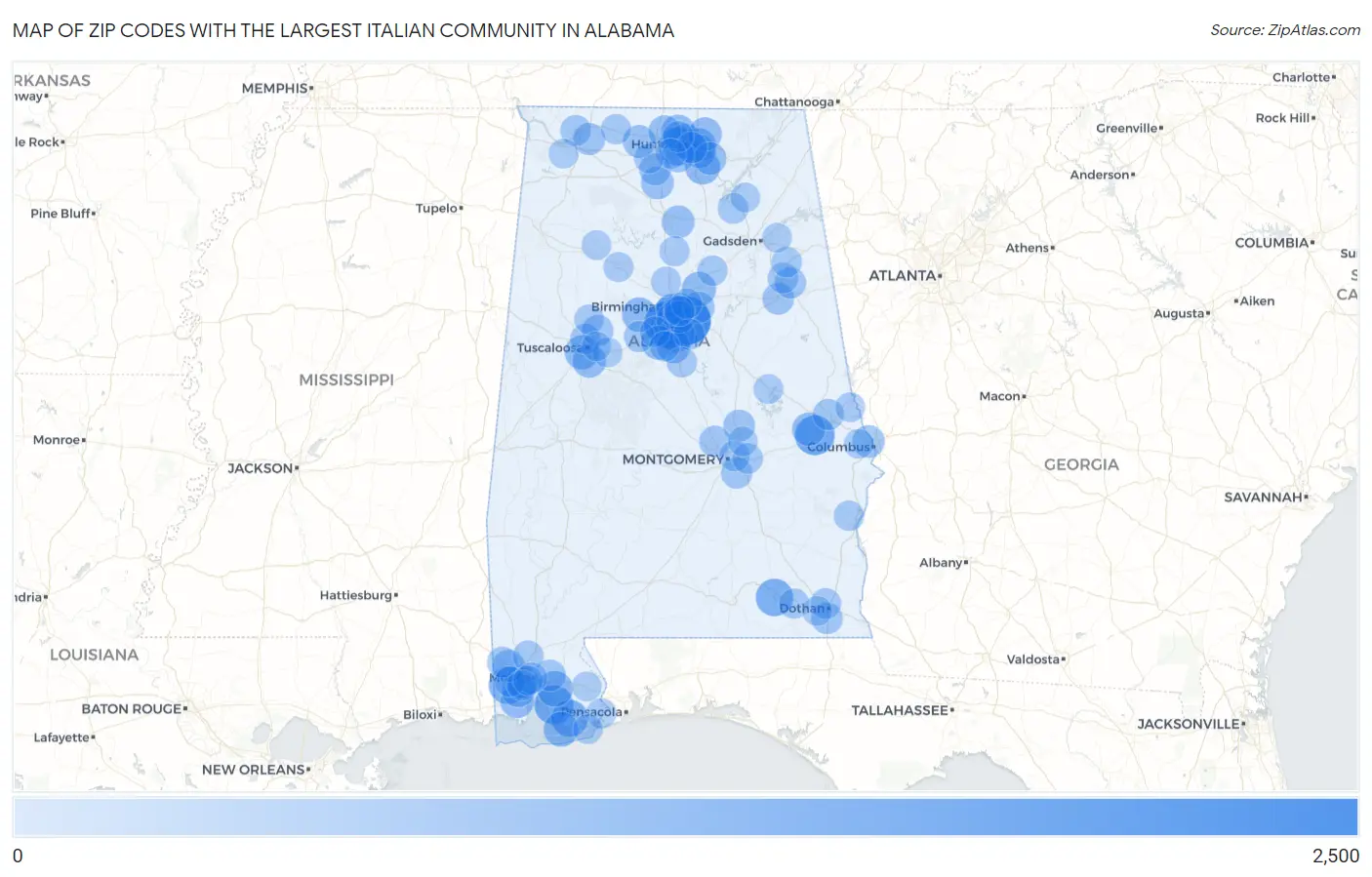 Zip Codes with the Largest Italian Community in Alabama Map