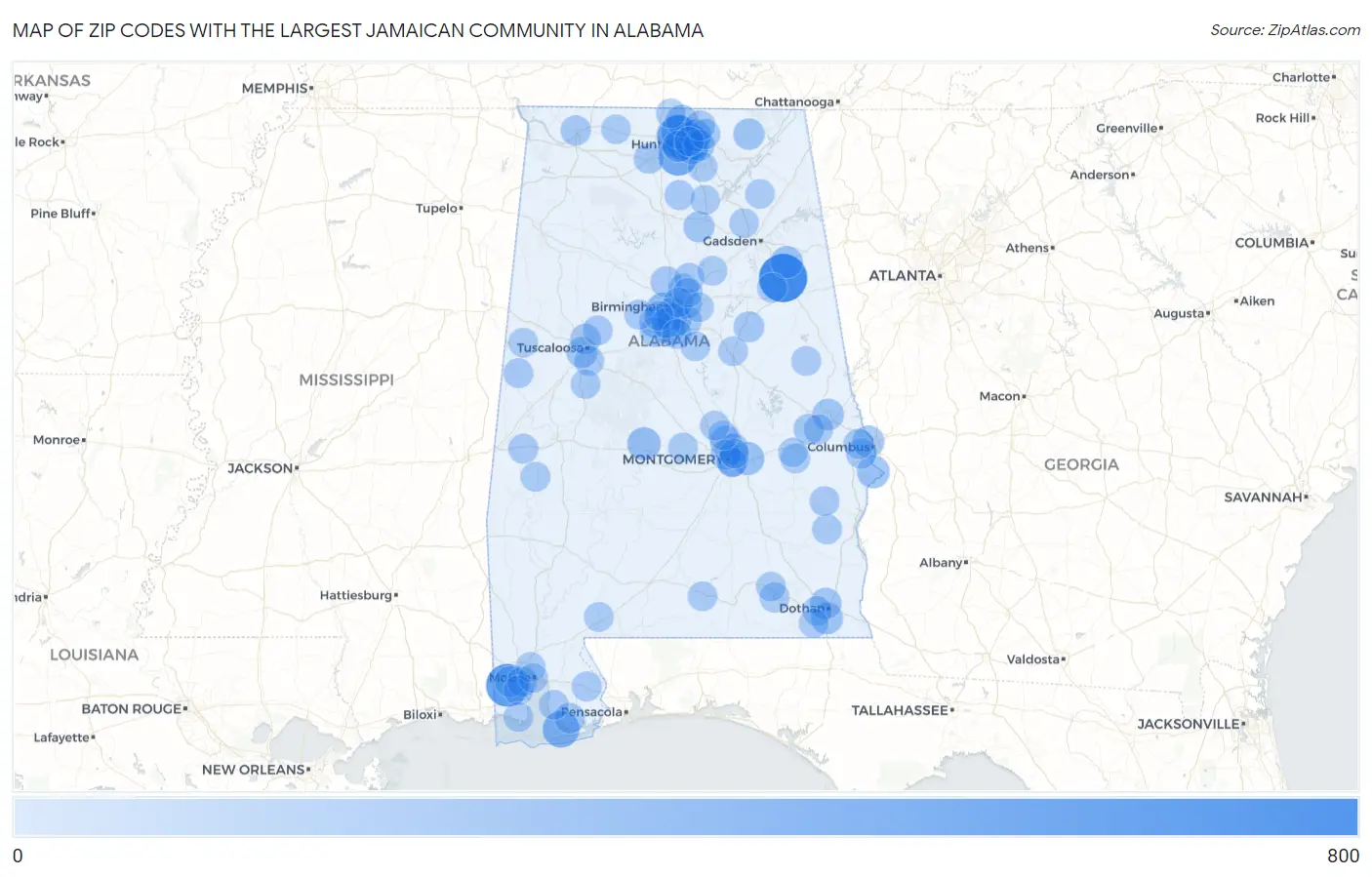 Zip Codes with the Largest Jamaican Community in Alabama Map