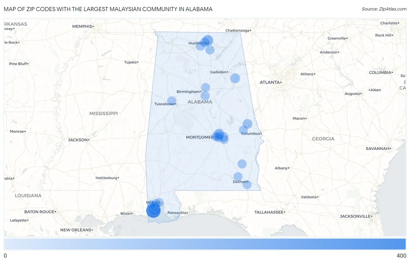 Zip Codes with the Largest Malaysian Community in Alabama Map
