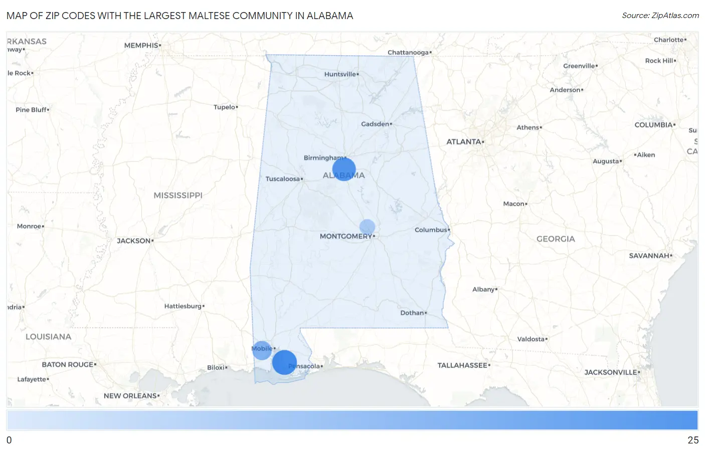Zip Codes with the Largest Maltese Community in Alabama Map