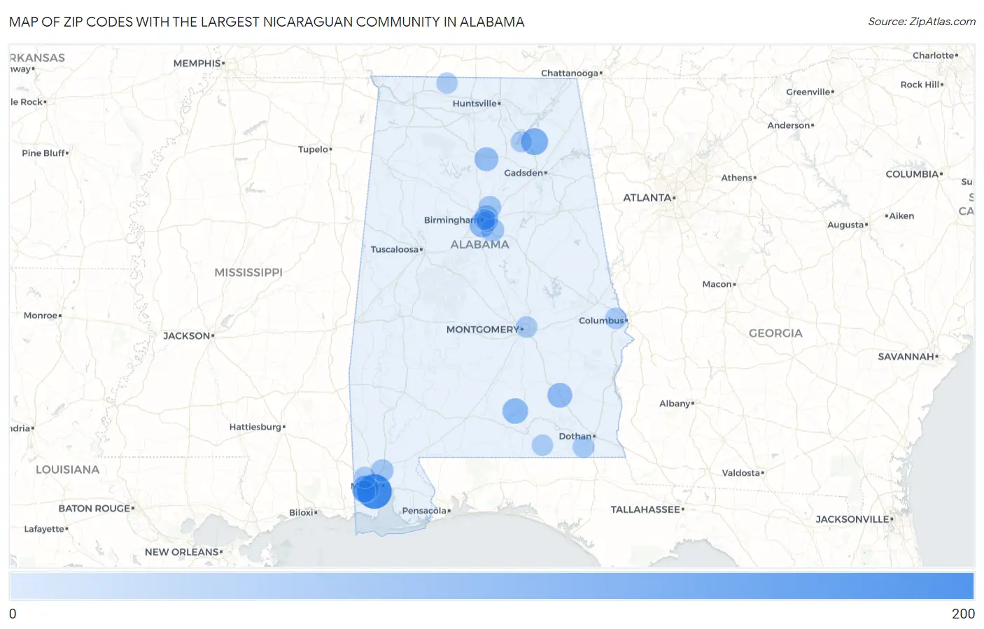 Zip Codes with the Largest Nicaraguan Community in Alabama Map