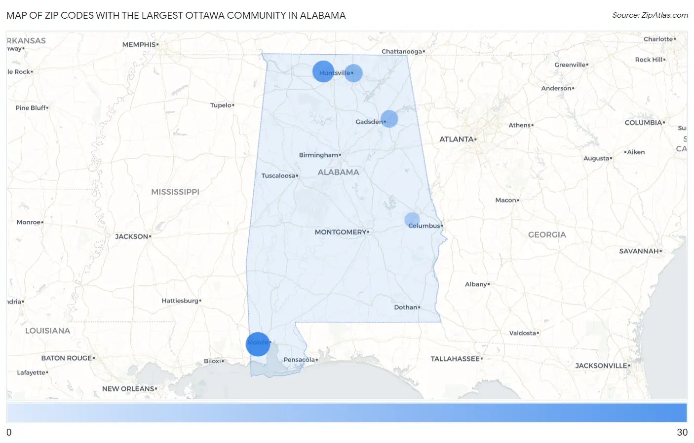 Zip Codes with the Largest Ottawa Community in Alabama Map