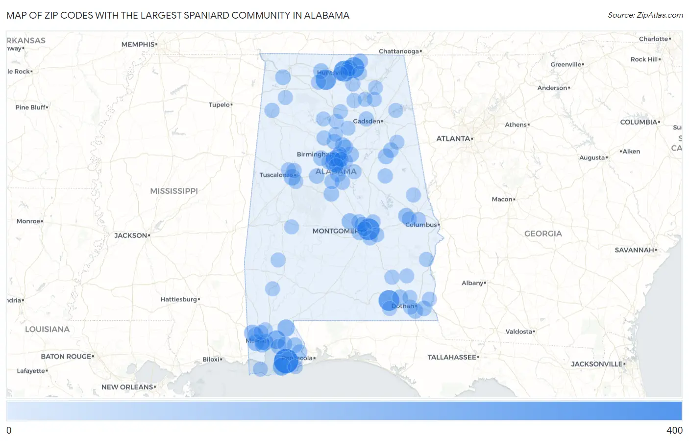 Zip Codes with the Largest Spaniard Community in Alabama Map
