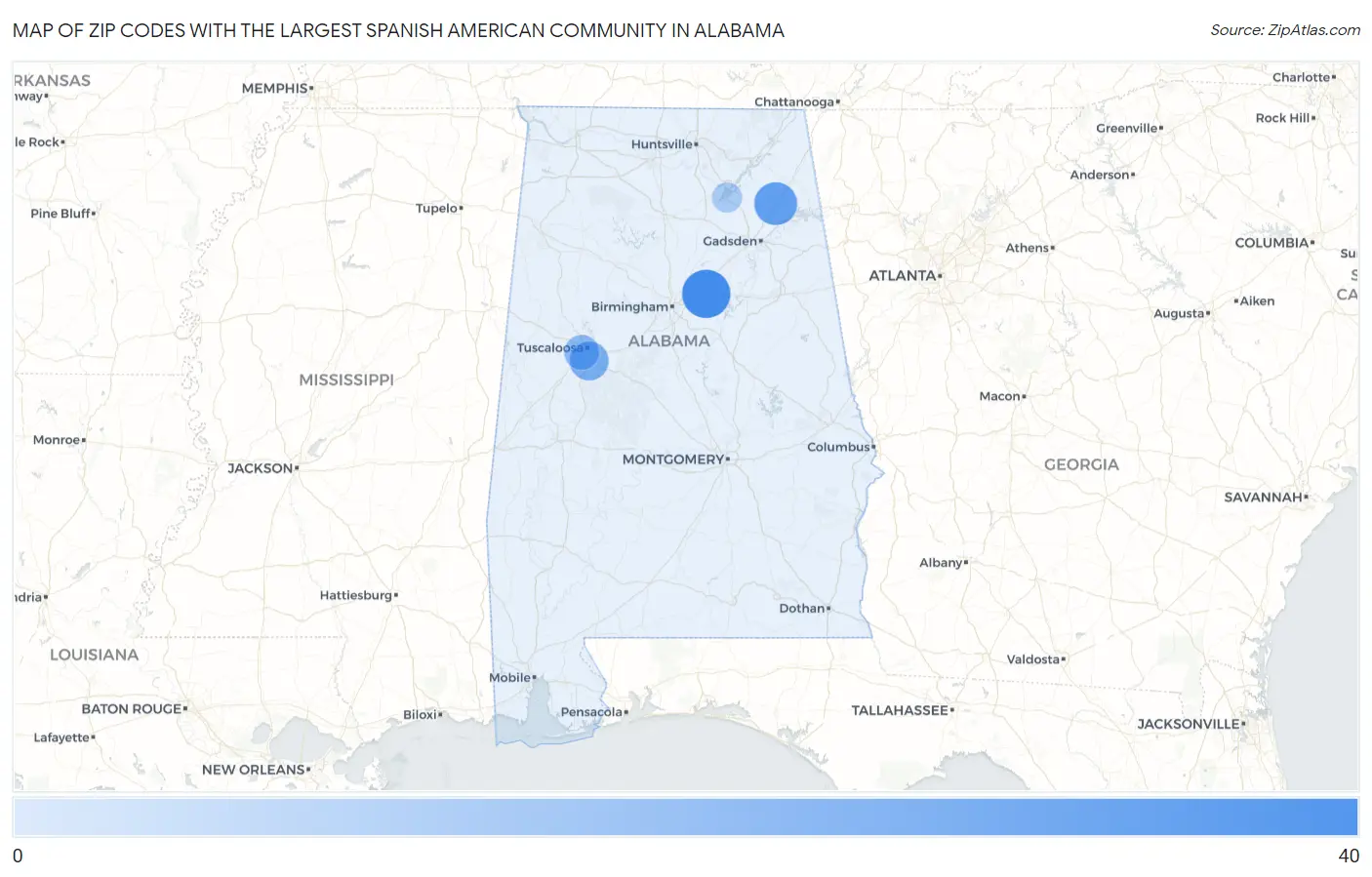 Zip Codes with the Largest Spanish American Community in Alabama Map