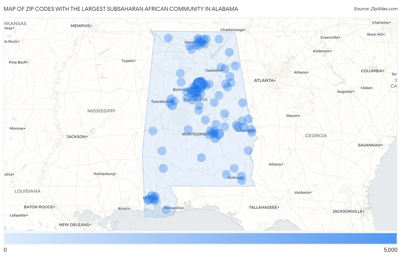 Zip Codes with the Largest Subsaharan African Community in Alabama Map