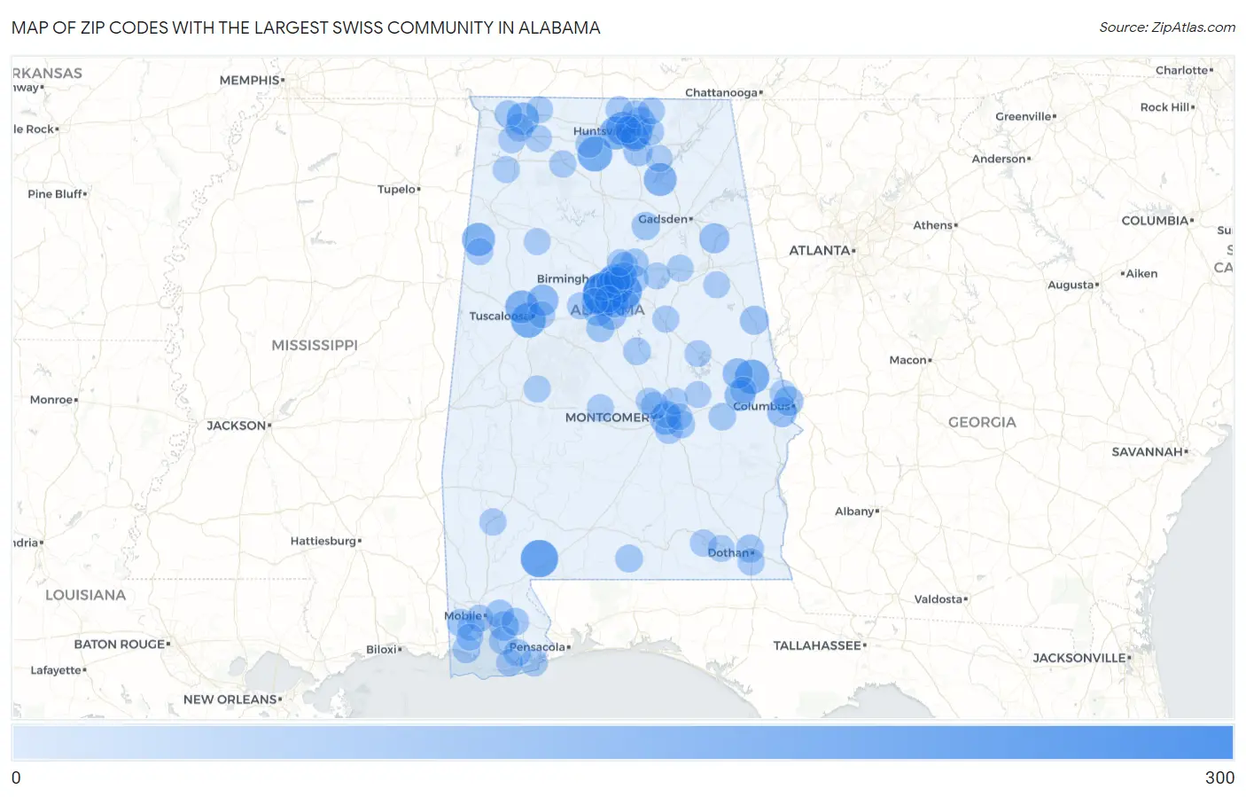 Zip Codes with the Largest Swiss Community in Alabama Map