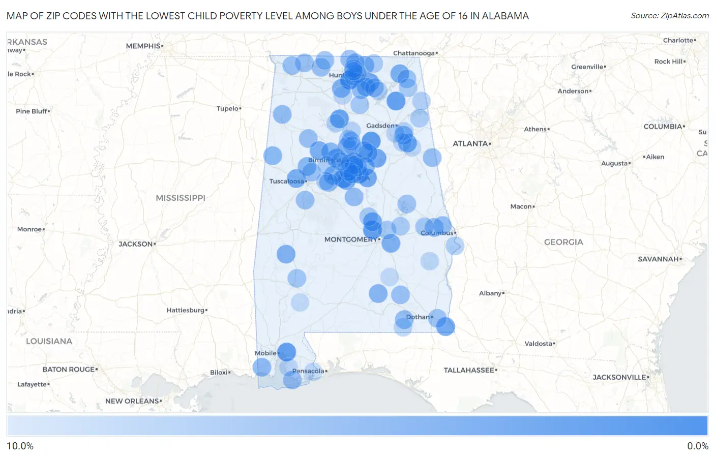 Zip Codes with the Lowest Child Poverty Level Among Boys Under the Age of 16 in Alabama Map