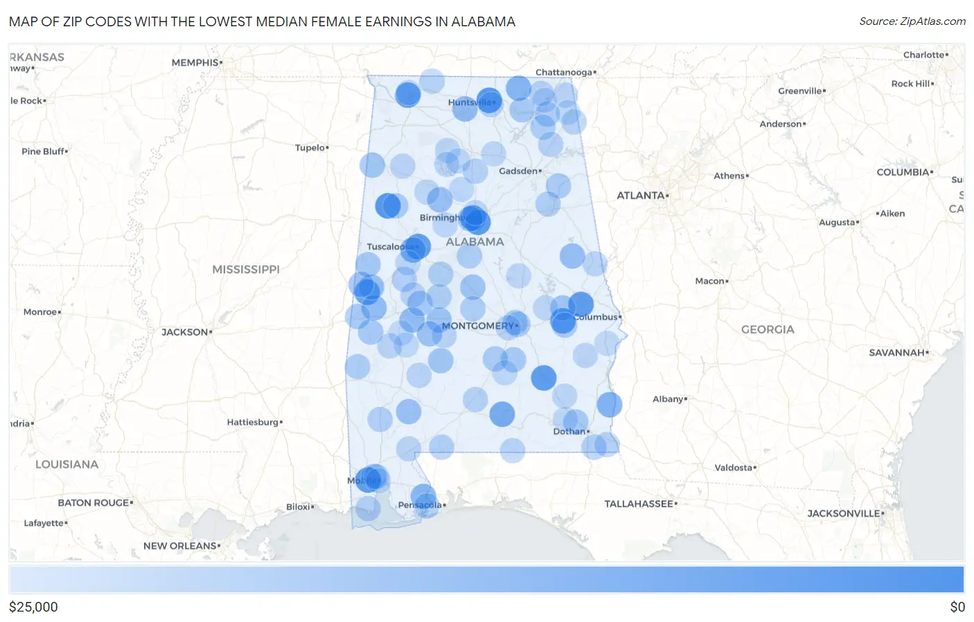 Zip Codes with the Lowest Median Female Earnings in Alabama Map
