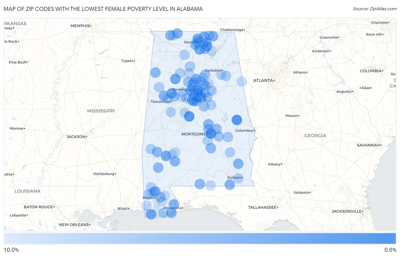 Zip Codes with the Lowest Female Poverty Level in Alabama Map