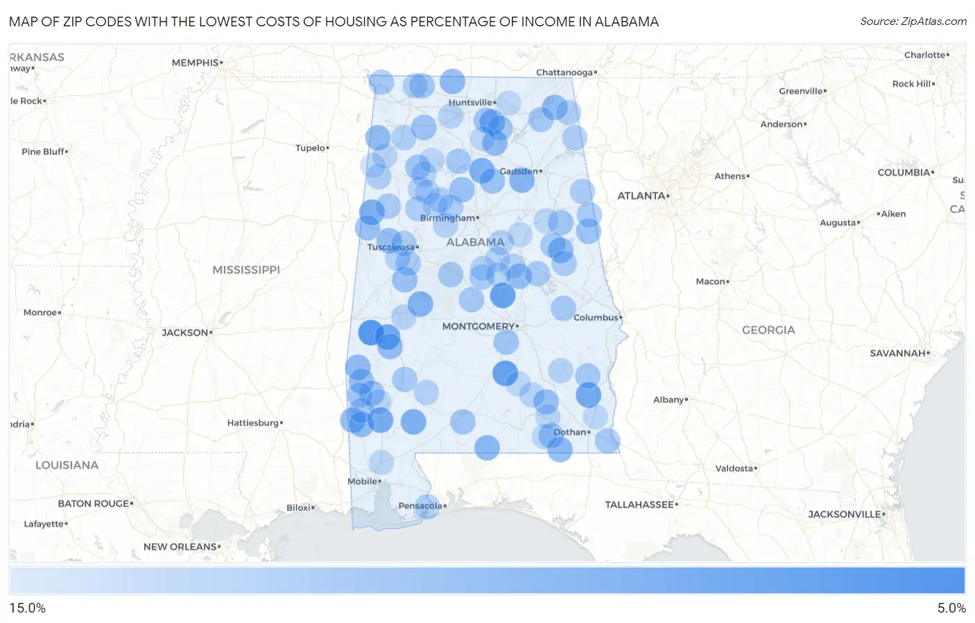 Zip Codes with the Lowest Costs of Housing as Percentage of Income in Alabama Map