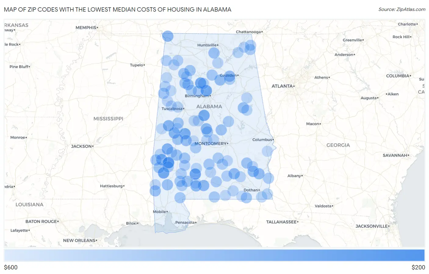 Zip Codes with the Lowest Median Costs of Housing in Alabama Map