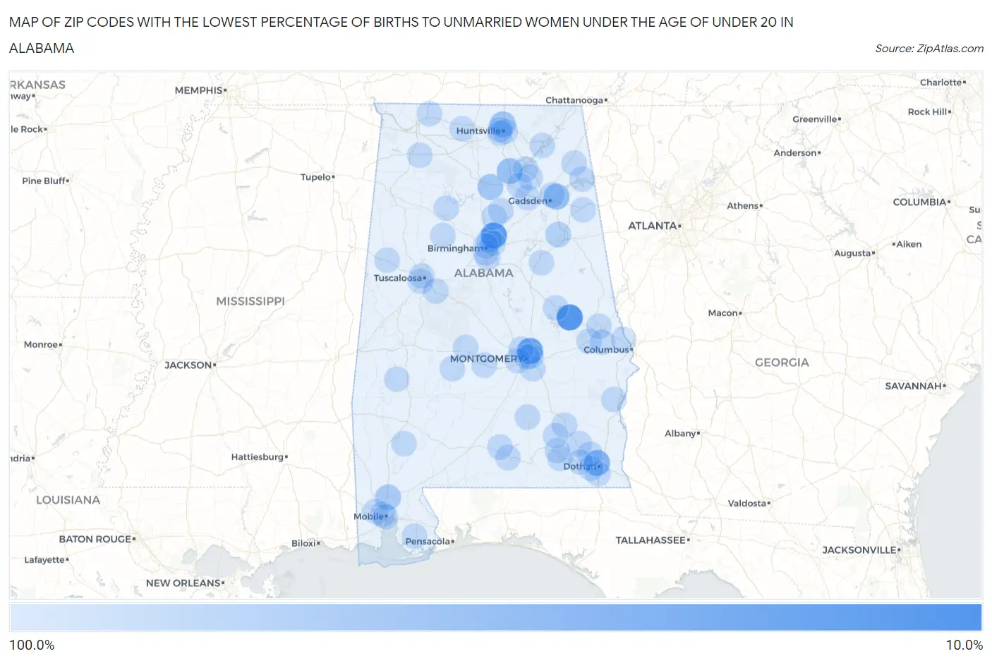 Zip Codes with the Lowest Percentage of Births to Unmarried Women under the Age of under 20 in Alabama Map