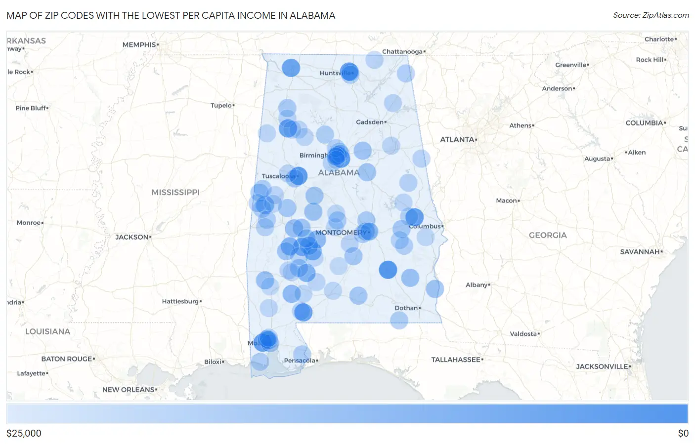 Zip Codes with the Lowest Per Capita Income in Alabama Map