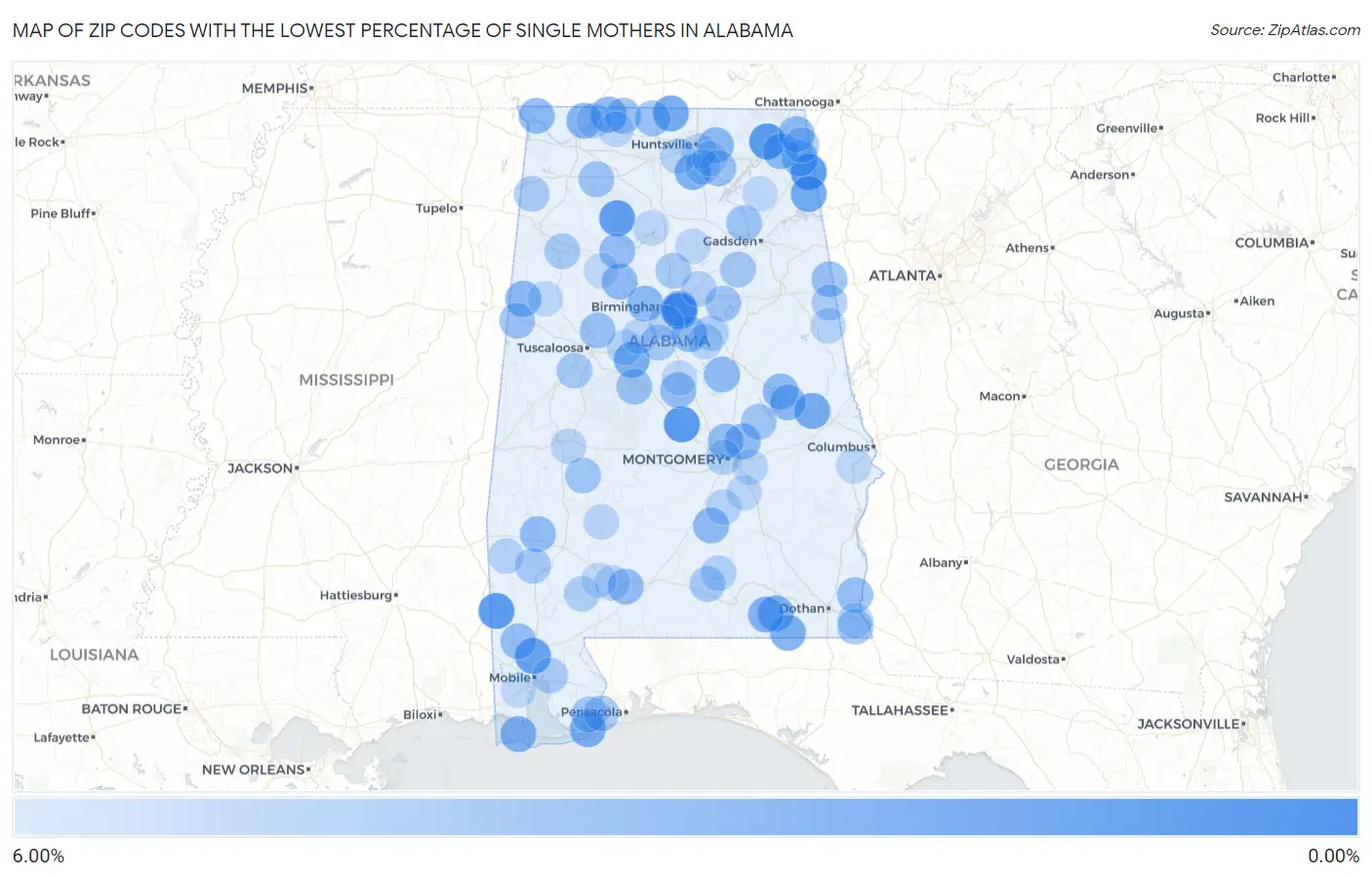 Zip Codes with the Lowest Percentage of Single Mothers in Alabama Map