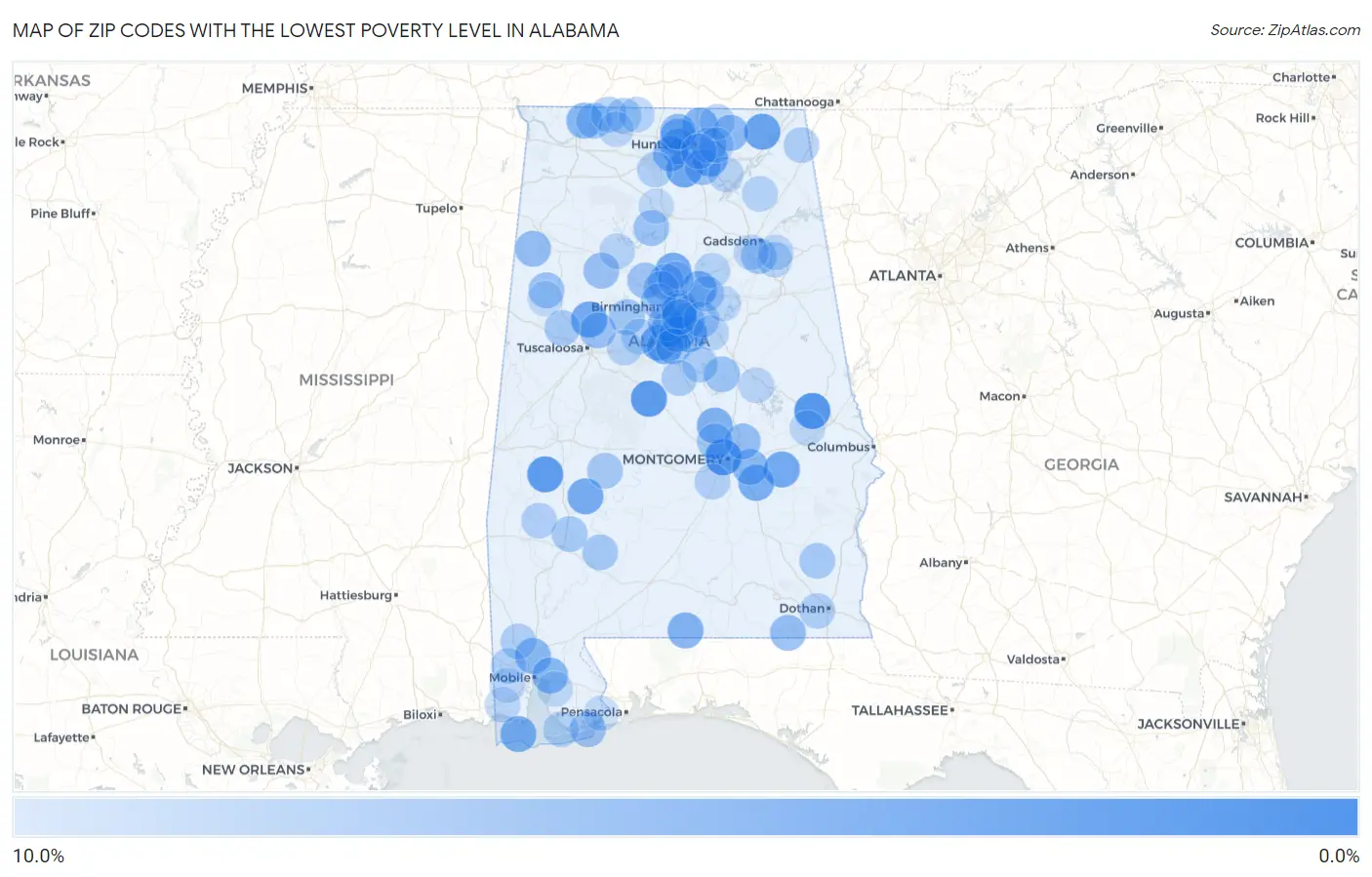 Zip Codes with the Lowest Poverty Level in Alabama Map