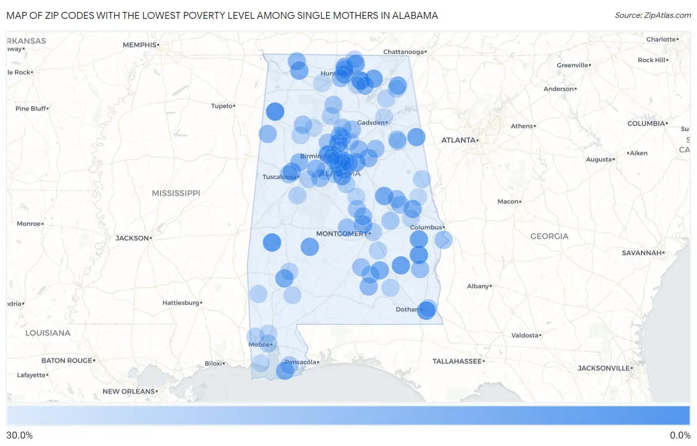 Zip Codes with the Lowest Poverty Level Among Single Mothers in Alabama Map