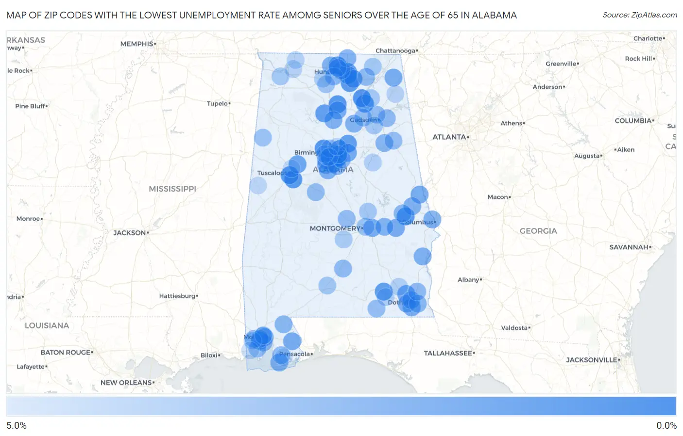 Zip Codes with the Lowest Unemployment Rate Amomg Seniors Over the Age of 65 in Alabama Map