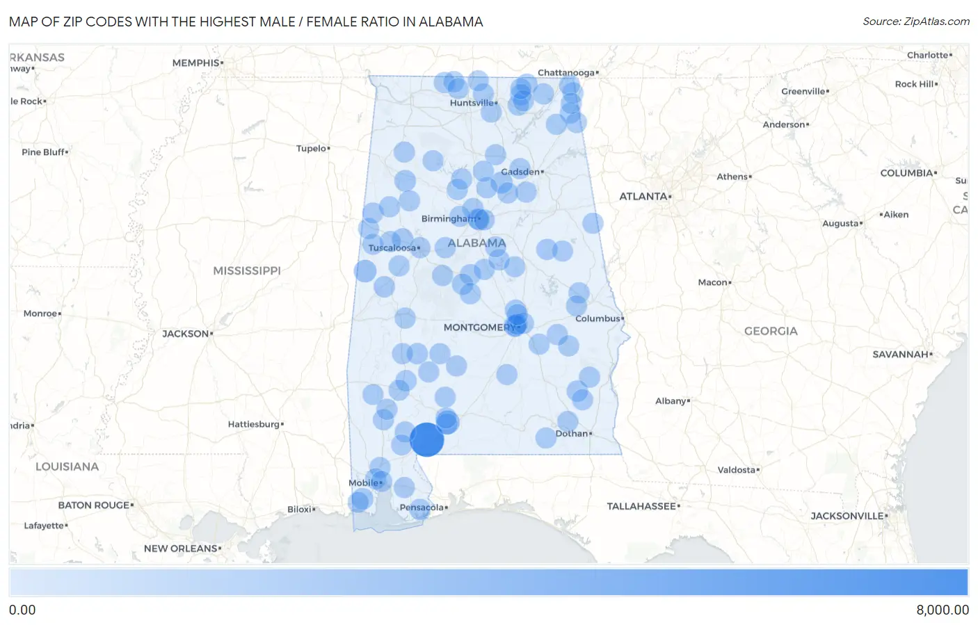 Zip Codes with the Highest Male / Female Ratio in Alabama Map