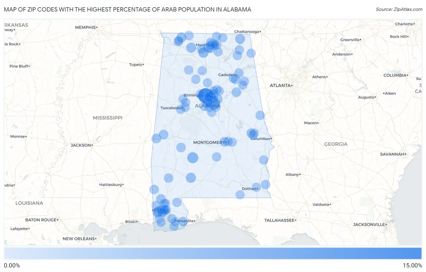 Zip Codes with the Highest Percentage of Arab Population in Alabama Map