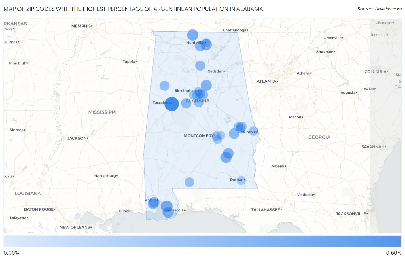 Zip Codes with the Highest Percentage of Argentinean Population in Alabama Map