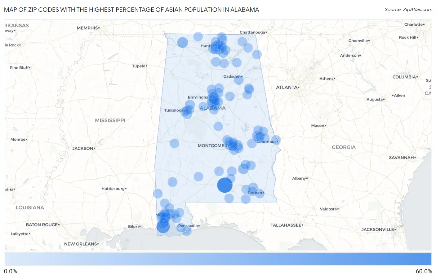 Zip Codes with the Highest Percentage of Asian Population in Alabama Map