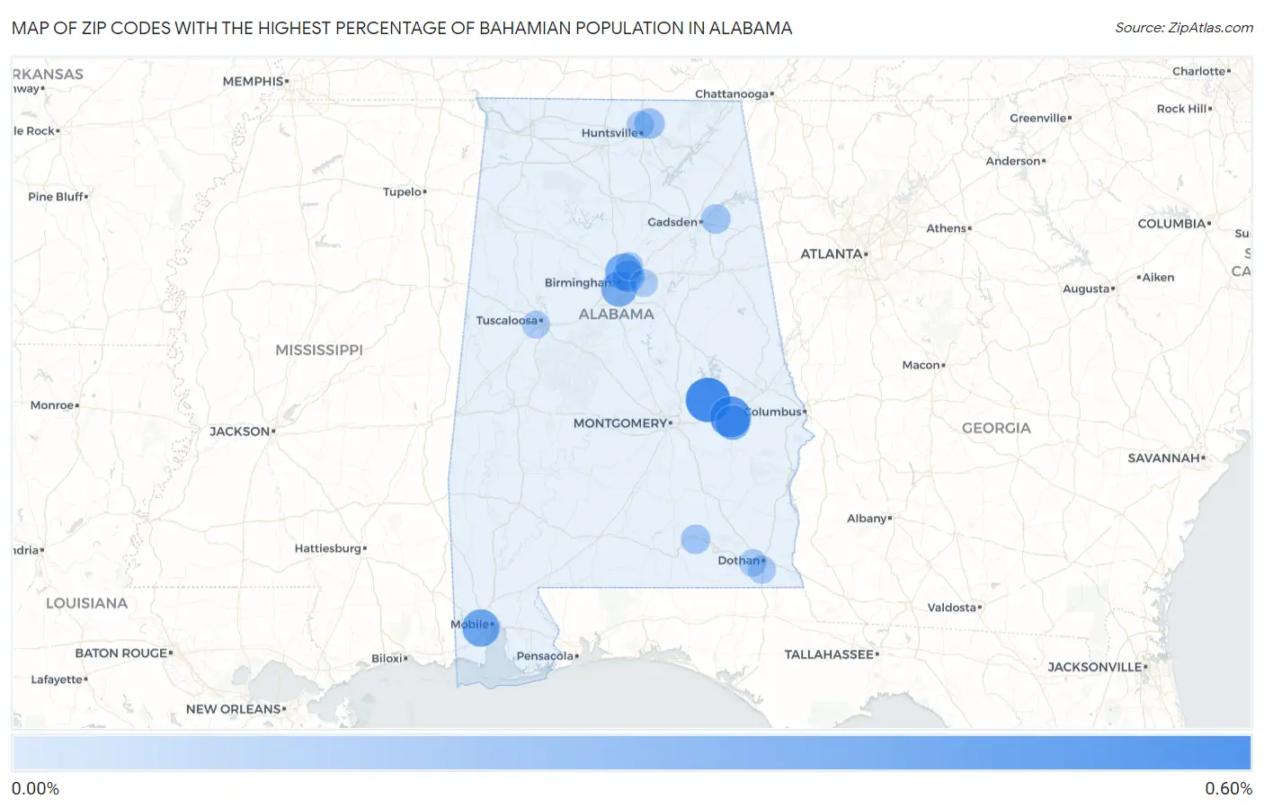 Zip Codes with the Highest Percentage of Bahamian Population in Alabama Map