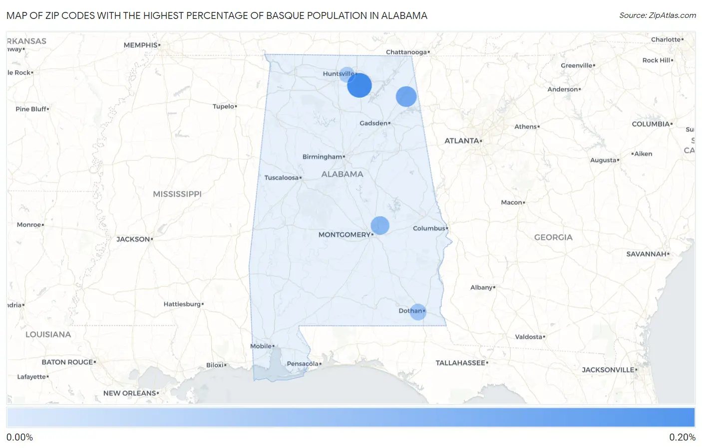 Zip Codes with the Highest Percentage of Basque Population in Alabama Map