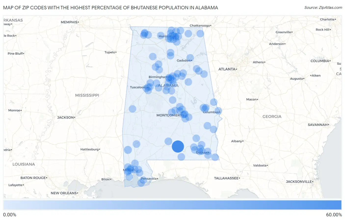 Zip Codes with the Highest Percentage of Bhutanese Population in Alabama Map