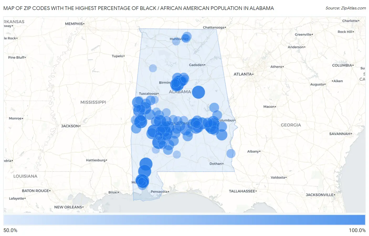 Zip Codes with the Highest Percentage of Black / African American Population in Alabama Map